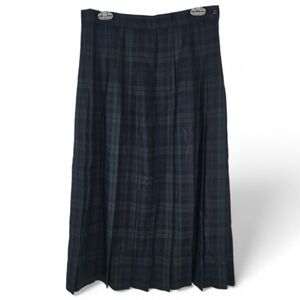 L.L. Bean Navy Green Plaid Pleated Wool Midi Skirt Size 16 Reg